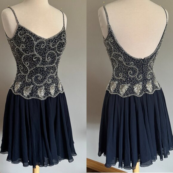 Vintage Oleg Cassini Navy 100% Silk Silver Pearl Beaded Party Dress | Sz 8 - Picture 1 of 14